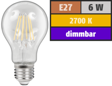 LED Filament Glühlampe  dimmbar  "Filed", E27, 6W, 600 lm, warmweiß, klar Alternative für 60W Glühbirnen